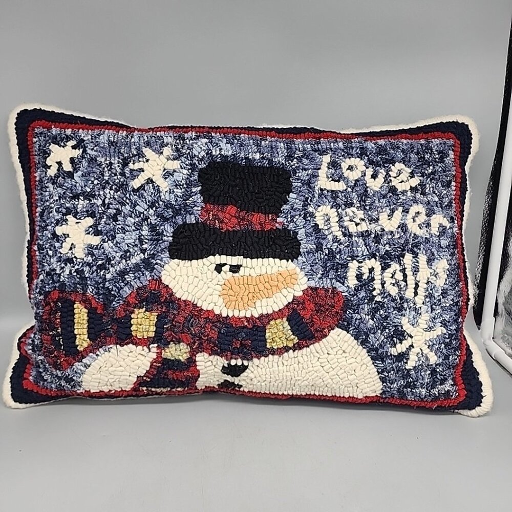 Christmas Tapestry Pillow Snowman Love Never Melts 18x12" Flannel Back *flaw*